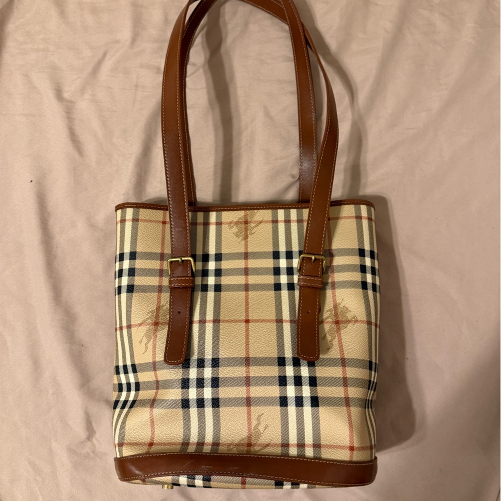 Burberry Beige and Brown Checkered Tote Bag